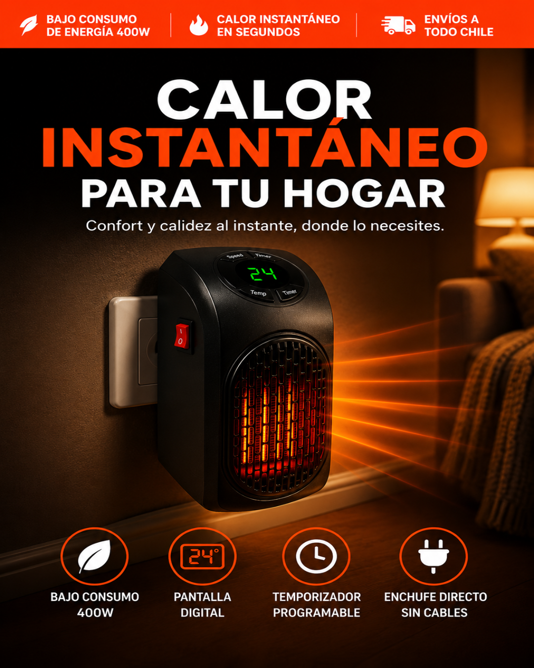Mini Calefactor Portátil 400W | Calor Instantáneo para Hogar y Oficina